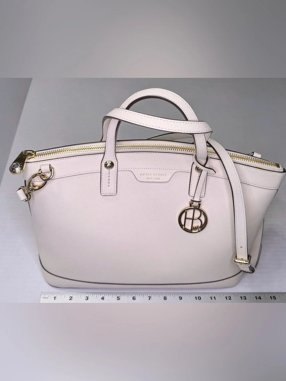 Henri Bendel West 57th Large Ivory Saffiano Leather Satchel Crossbody With Strap